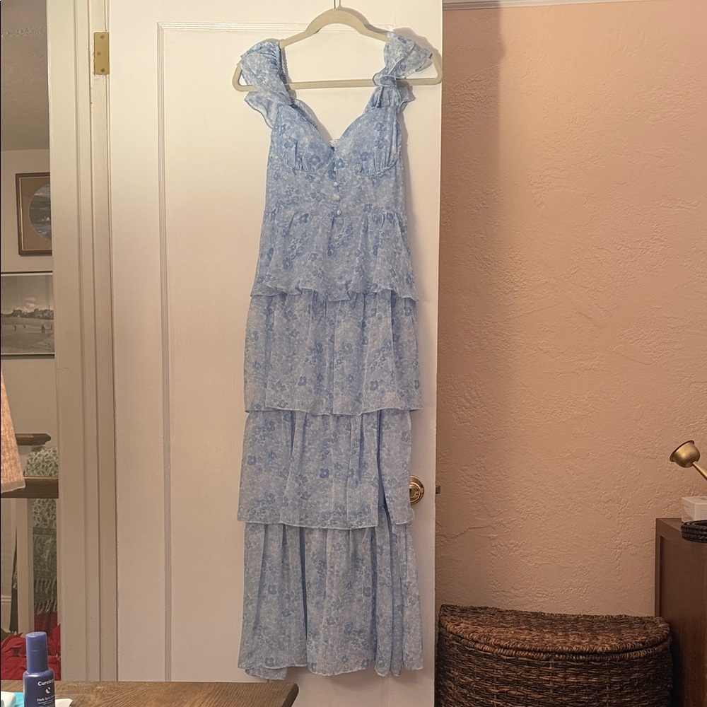Astr Light Blue Tiered Maxi Dress